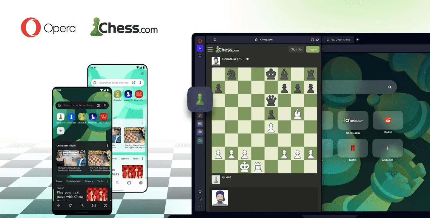 Opera浏览器宣布与Chess.com联名推出定制版“内置象棋游戏”